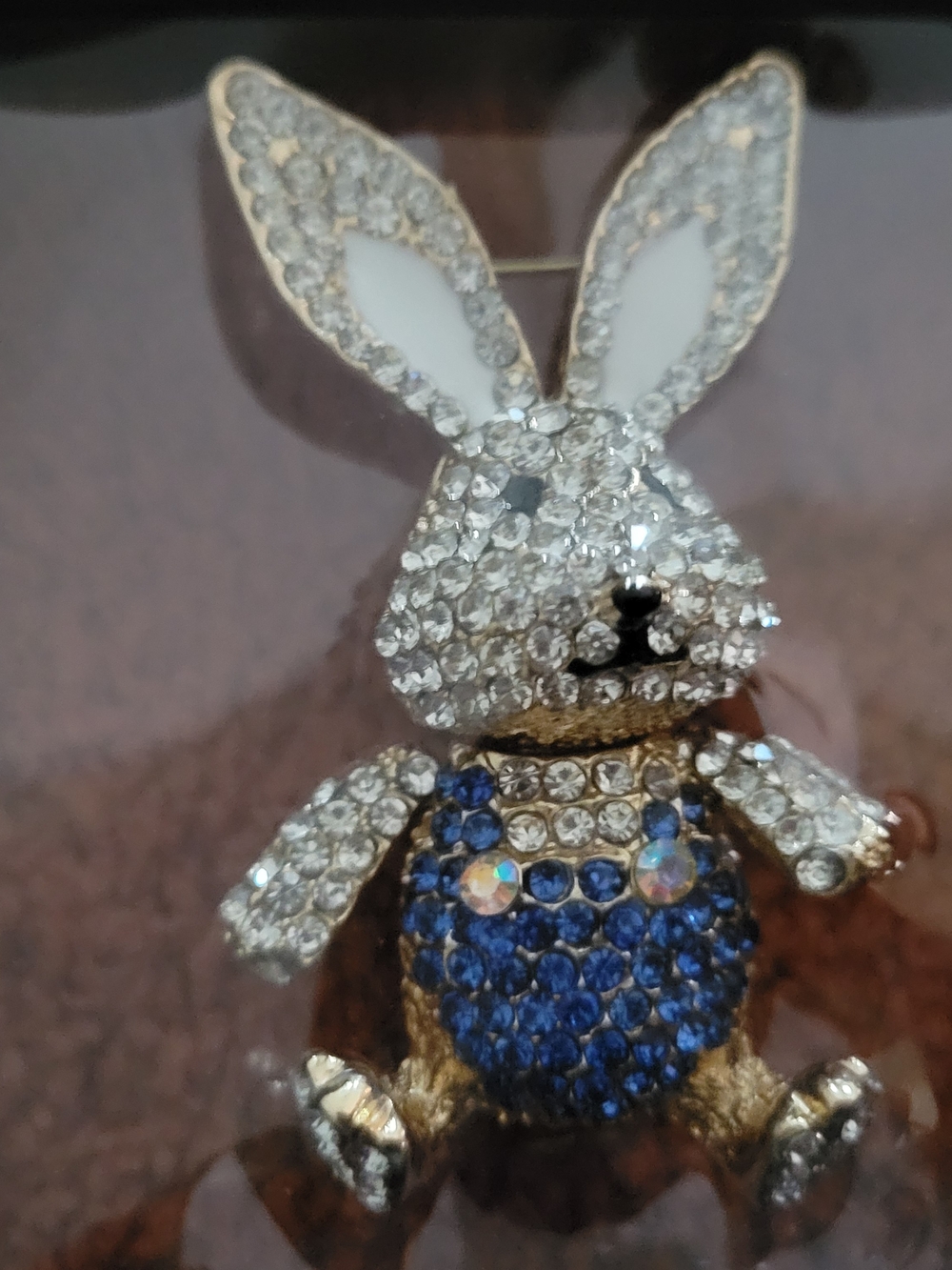 Rhinestone Bunny Brooch in White and Blue